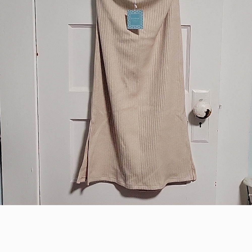 Hayden Tan Ribbed Midi Pencil Skirt